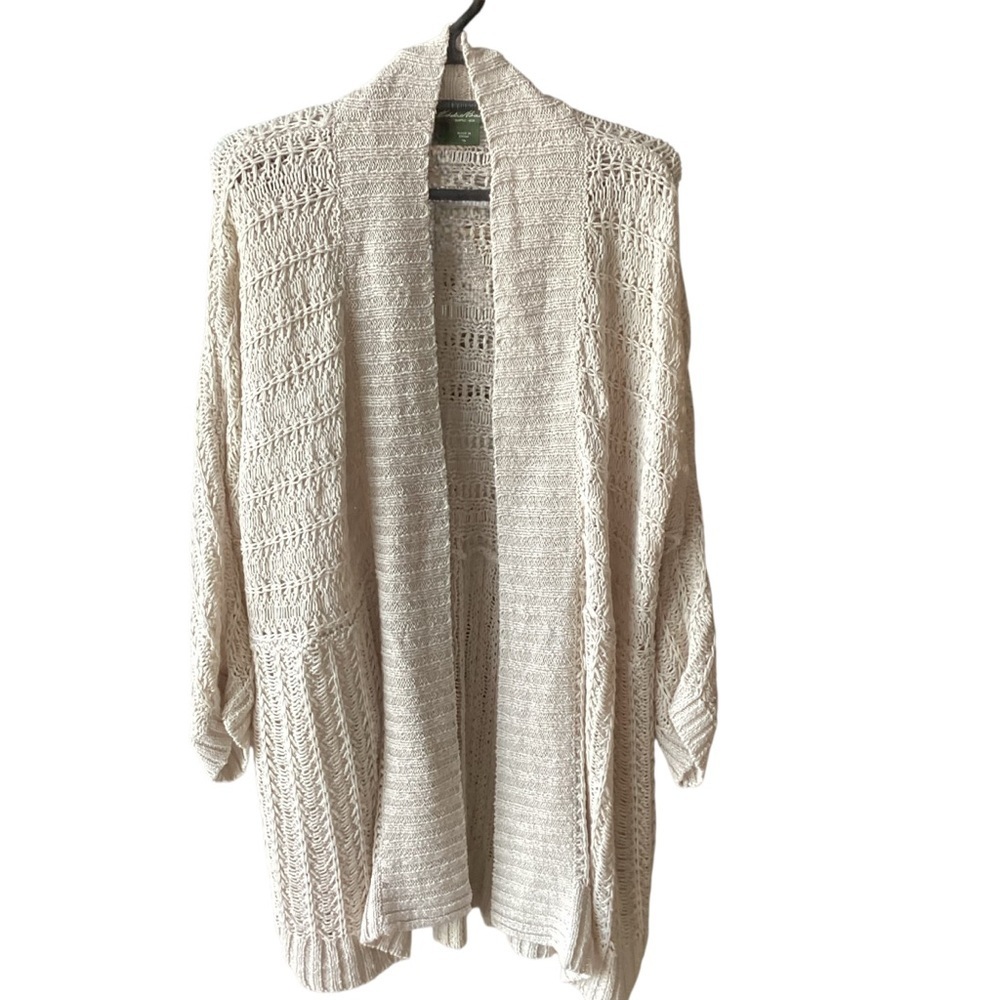 Eddie Bauer Cream Open-Front 100% Linen Knit Sweater Cardigan Women’s Size XL - Picture 2 of 16